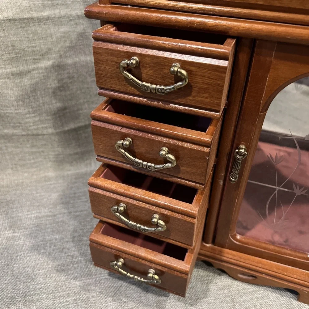 Vtg 1987‎ Wooden Jewelry Box Cabinet 4 Drawers Etched Glass  Lift Top Organizer
